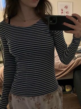 Brandy Melville Navy and White Striped Long Sleeve Top